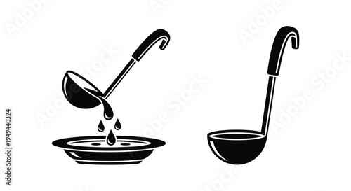 Black and white illustration of a ladle pouring into a bowl