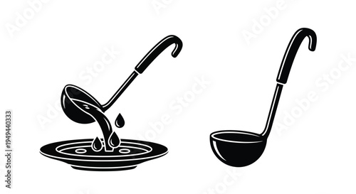 Black and white illustration of a ladle with dripping soup and a separate ladle