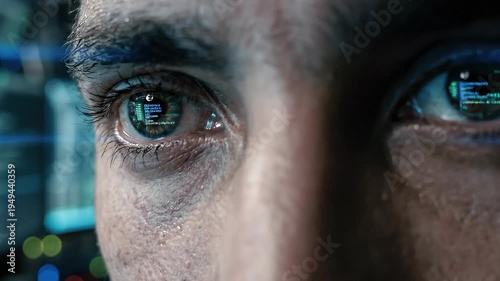 A person looks closely at multiple screens showing data and code