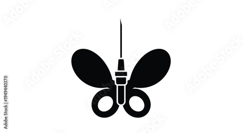 A black silhouette of a butterfly formed with sewing tools