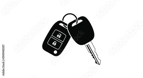 Simple black silhouette of car keys with a key fob and blade