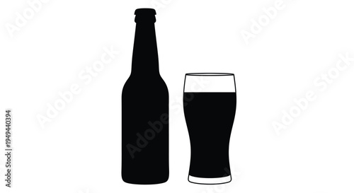Simple black silhouette of a beer bottle and filled glass