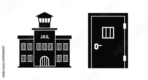 Black silhouette icons depicting a jail and a barred prison door