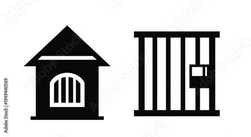 Simple black and white icons depicting a house and a jail cell
