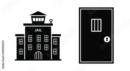 Simple black silhouette illustration of a jail and a barred door