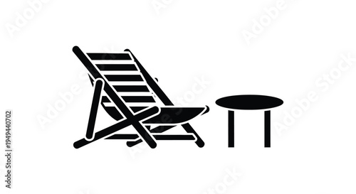 Simple black icon depicting a beach chair and small side table