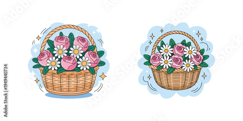  colored vases, flowerpots, buskets with blooming abstract flowers