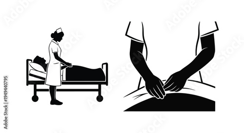 A nurse attends to a patient lying in a hospital bed graphic illustration