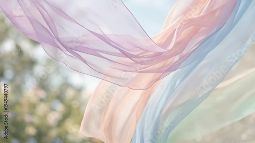 Silk ribbons move gracefully in the wind against a blue sky