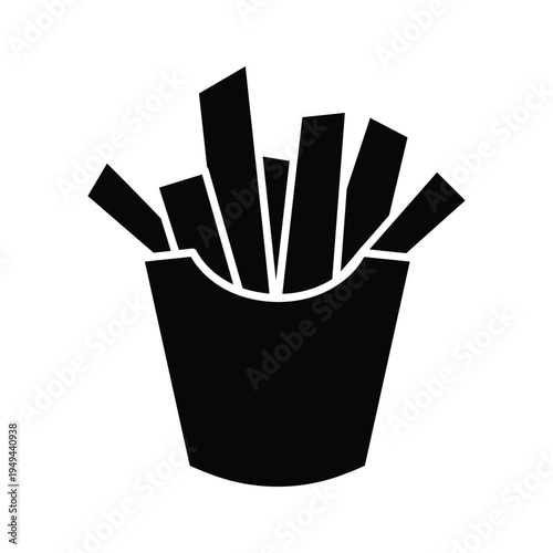 Black Silhouette of French Fries in a Red Cardboard Container - Vector Icon for Fast Food and Snacks