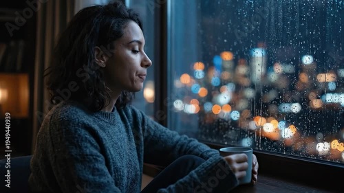 A woman sits near a window on a rainy evening