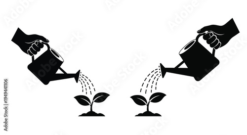 Two watering cans nourish growing sprouts in a minimalist illustration