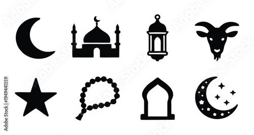 Islamic Icon Set for Ramadan and Eid al-Adha – Vector Mosque, Lantern, Sacrificial Goat, and Moon Symbols Isolated on White