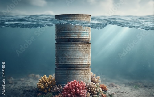 Dramatic Comparison of Oil Barrels Underwater Scene