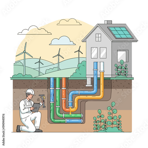 Geothermal Energy System Installation with Technician.