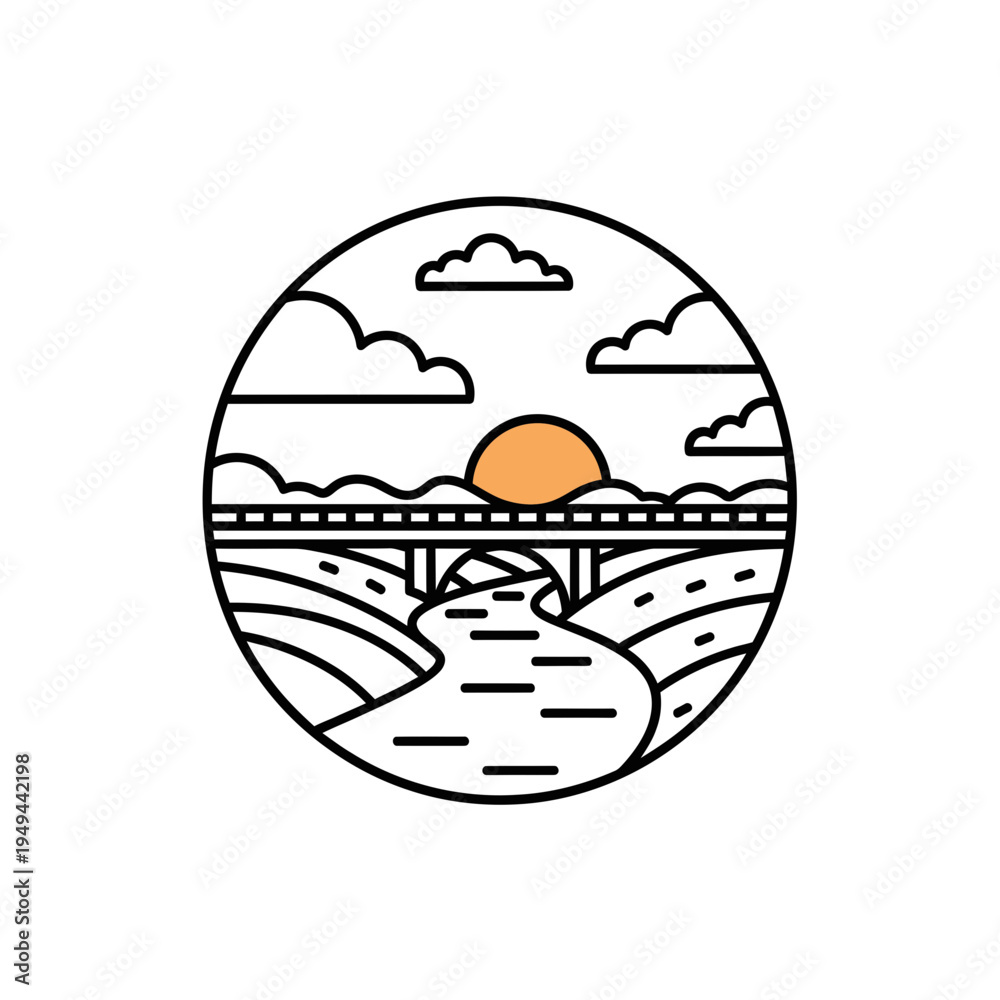 Obraz premium Minimalist Landscape with Bridge and Sunset Icon vector illustration