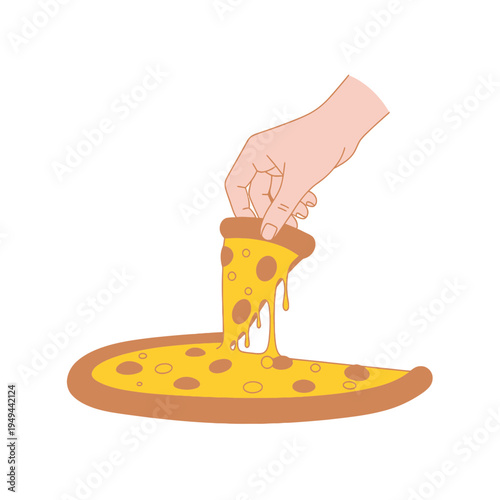 Hand Picking up a Slice of Pepperoni Pizza vector illustration