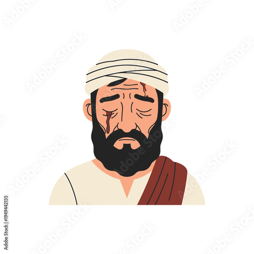 Sad Man with Turban and Wounded Face vector illustration