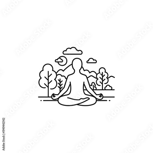 Person Meditating Outdoors in Nature Outline vector illustration