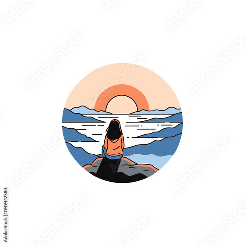Woman Admiring Sunrise Over Mountain Lake vector illustration