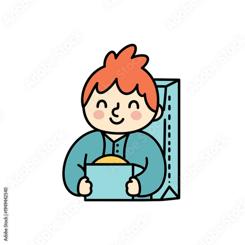 Happy Boy Holding a Box with Food Takeaway vector illustration