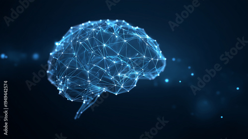 Digital brain made of network lines and nodes, artificial intelligence concept background, glowing blue interface elements, clean banner layout