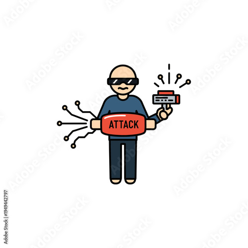 Cyber Attack Concept With Bald Hacker Character vector illustration