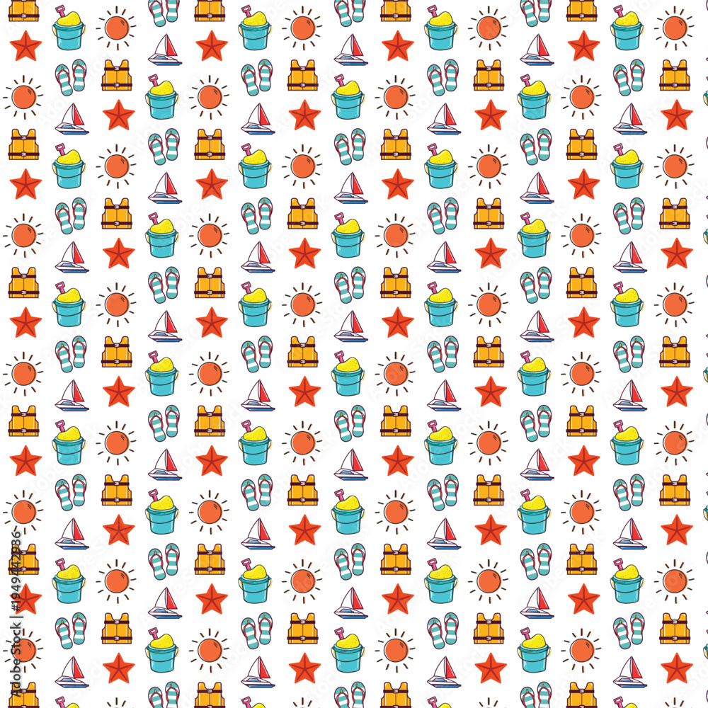 Obraz premium Colorful seamless pattern of beach elements on white background