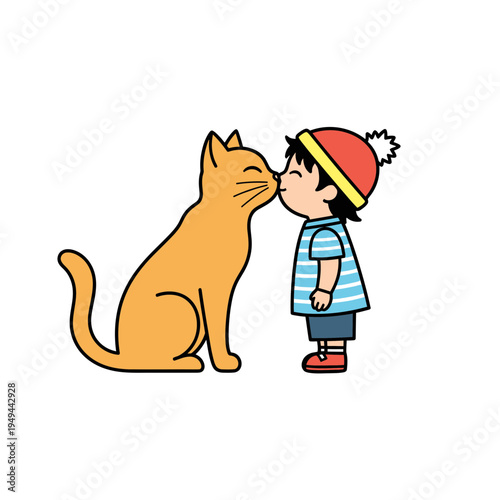 Little Boy Kissing a Cat Cartoon vector illustration