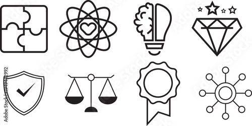 Business core values, mission editable icon line art set. strategy, integrity, quality, success icon design