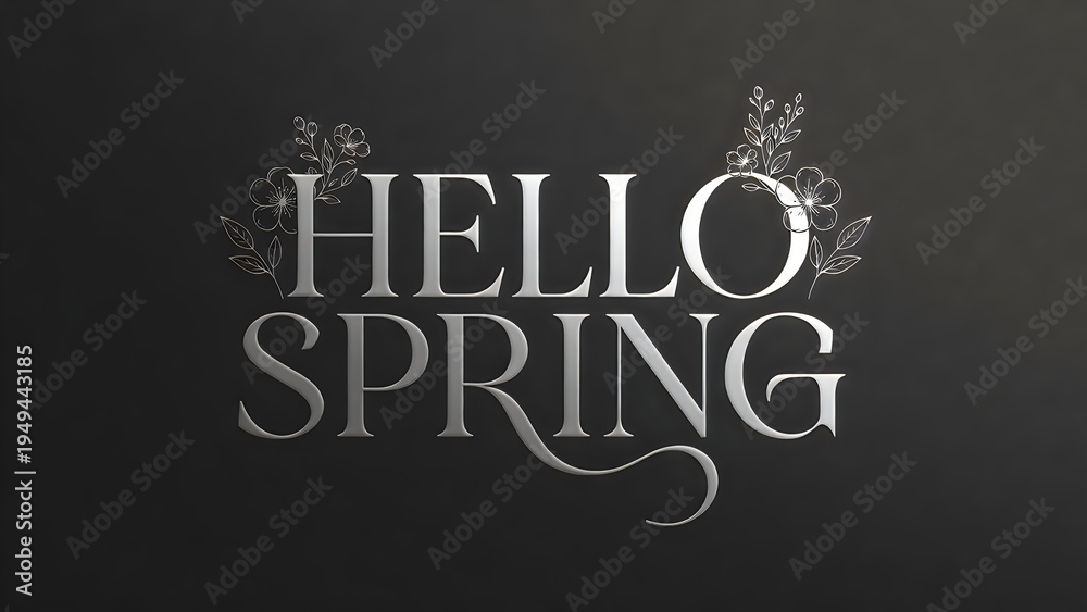 Obraz premium Elegant silver hello spring typography design with delicate floral line art on a dark background