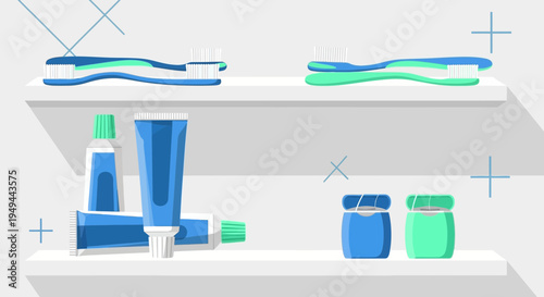 Dental Hygiene Products on Shelves: Toothbrushes, Toothpaste Tubes, and Floss Containers
