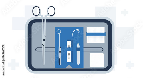 Dental Instruments Kit: Scalpel, Forceps, Probe, and Gauze in Tray