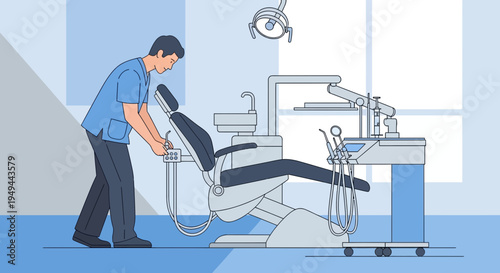 Dentist Adjusting Dental Chair in Modern Clinic with Equipment