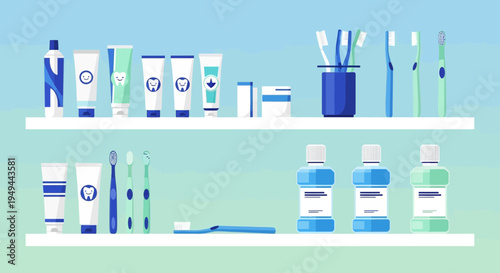 Dental Hygiene Products and Toothbrushes on Shelves, Bathroom Essentials, Oral Care