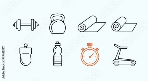 Fitness equipment icons on white background