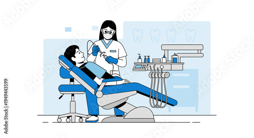 Dentist examining patient in dental chair with modern equipment, healthcare concept