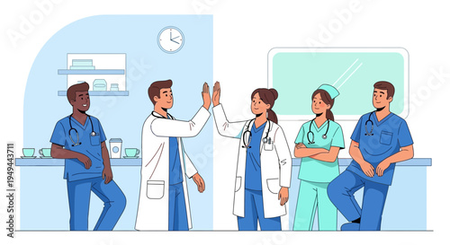 Diverse medical team celebrating success with high five in hospital setting