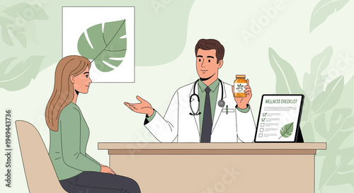 Doctor advising patient on natural remedies, holding supplement bottle and checklist