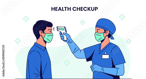 Doctor checking patient's temperature with infrared thermometer, health checkup concept
