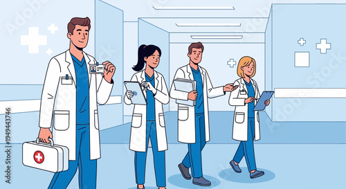 Diverse Medical Team Walking Down Hospital Corridor, Carrying Medical Supplies and Clipboards