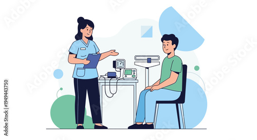 Doctor consulting patient in clinic with medical equipment, healthcare checkup concept