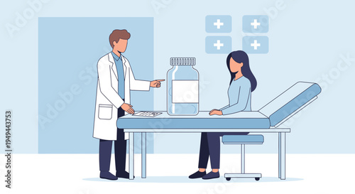 Doctor consulting patient about medication in clinic examination room