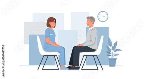 Doctor consulting with patient in a modern clinic, mental health support, therapy session