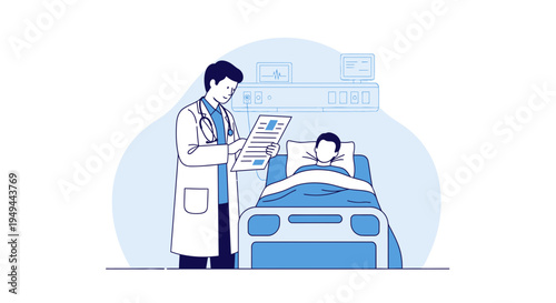 Doctor Consults Patient Lying in Hospital Bed, Medical Checkup and Healthcare Concept