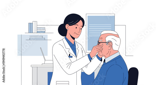 Doctor examining elderly man's eye in clinic, healthcare concept