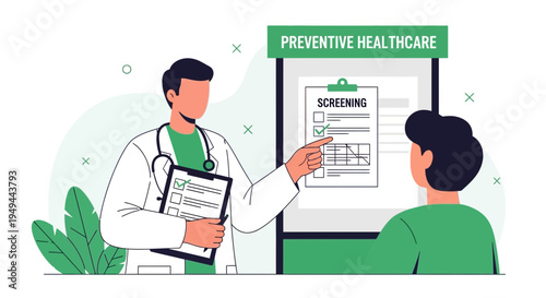 Doctor discusses preventive healthcare and screening results with patient in clinic