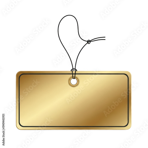 A gold tag with a string
