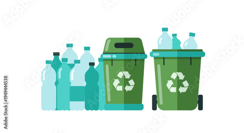 Green recycling bins and plastic bottles in a flat eco-friendly design