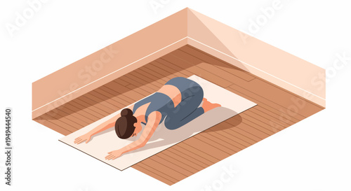 Woman practicing yoga in child's pose on a mat in a minimalistic isometric room setting